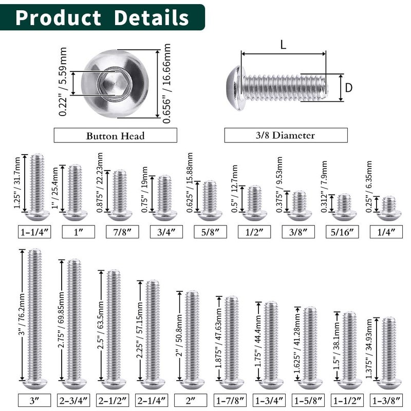 EASTLO 3/8-16 x 1 Button Head Socket Cap Bolts Screws, 304 Stainless Steel 18-8, Full Thread, Coarse Thread UNC, Allen Hex Drive, 25 PCS - Image 4